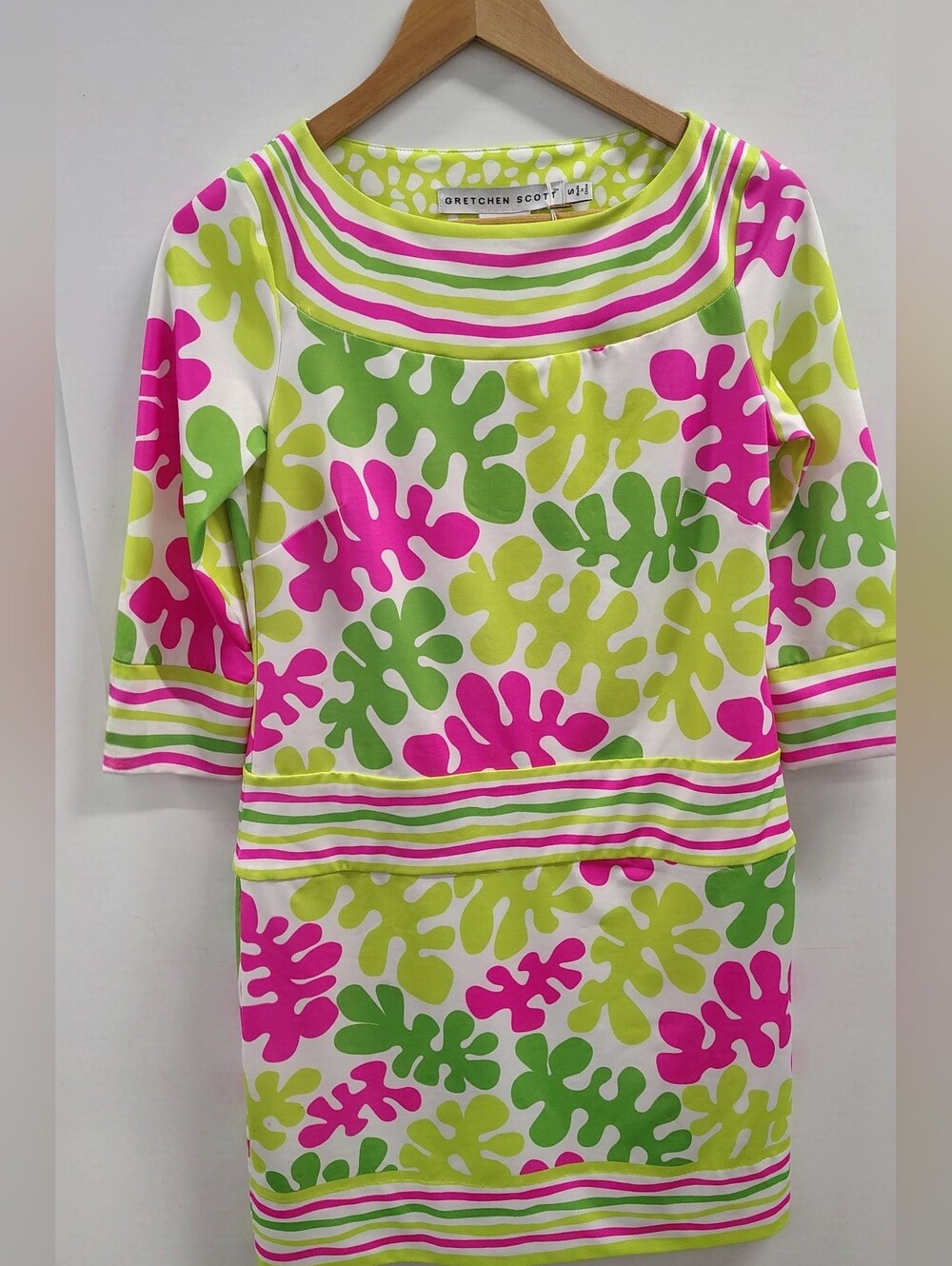 NWT Gretchen Scott Pink & Green Fern Dress w Contrast Stripe 3/4 Slve Accents S